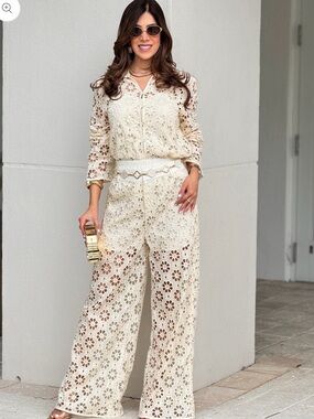 Women's Cream Crochet Wide-Leg Pantsuit